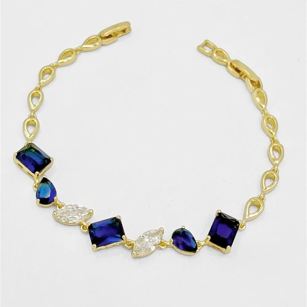 14K Gold Plated Blue Sapphire & Marquise CZ Tennis Bracelet – Dainty Jewelry